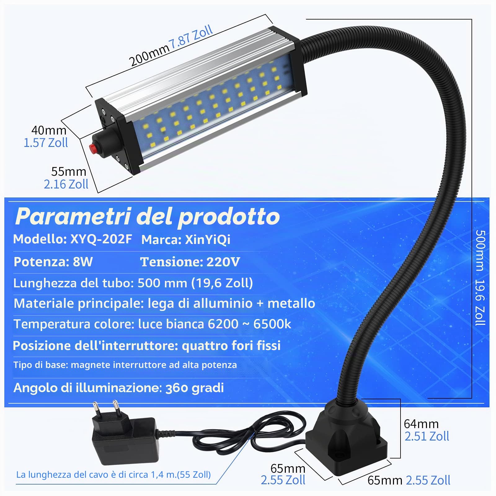 Lampada LED a collo di cigno, lampada da lavoro, lampada da lavoro LED flessibile a collo di cigno IP66 impermeabile 800 lumen 120 volt 44 led faro avvitabile per macchine utensili