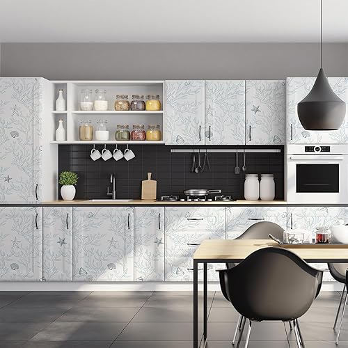 Miniatura 7 de Akywall Papel tapiz blanco y azul de 393.7 pulgadas, textura azul claro, conchas de estrella de mar de coral, océano, autoadhesivo, rollo de vinilo