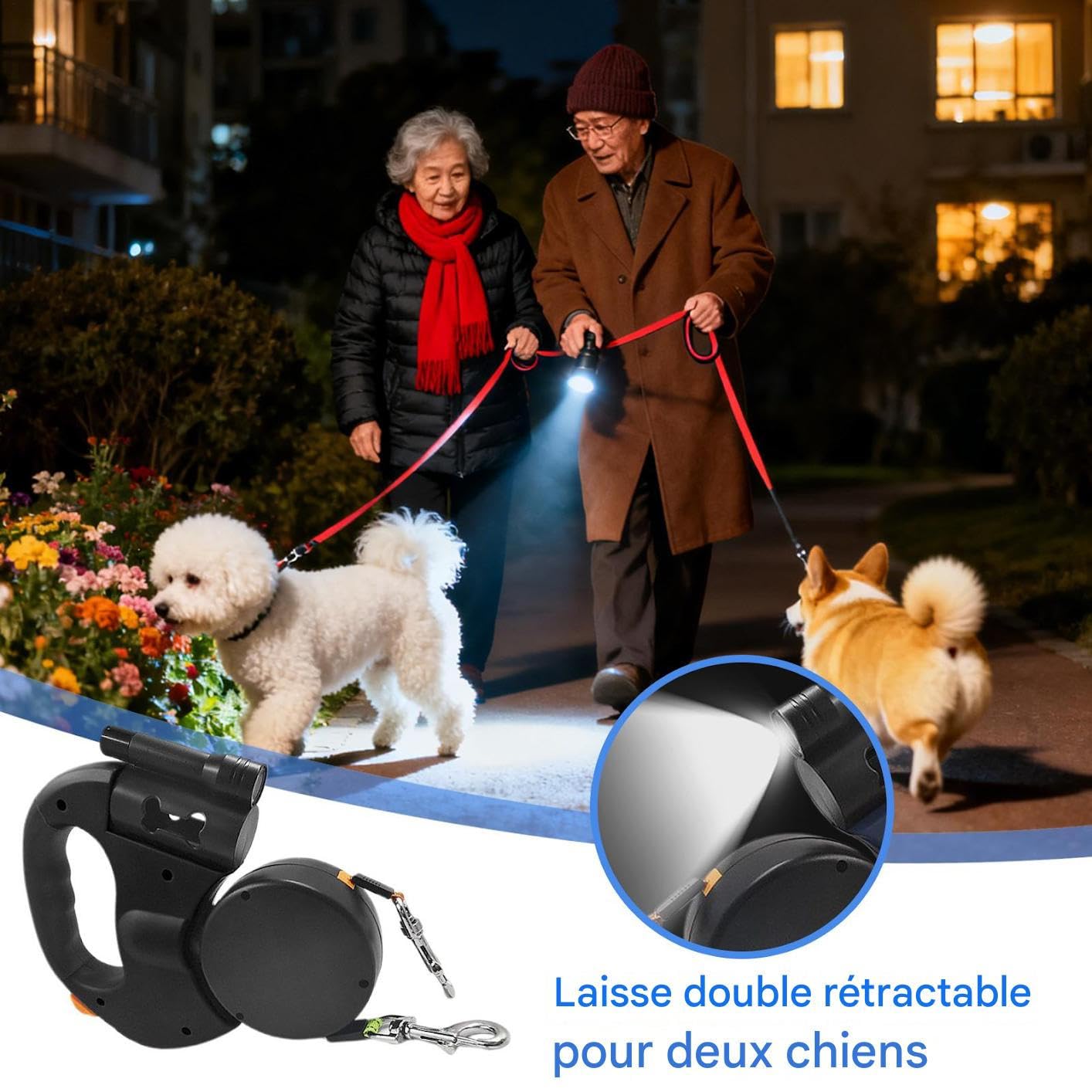 Correa Doble para Perros Mango Acolchado Antideslizante Plegable Con Luces