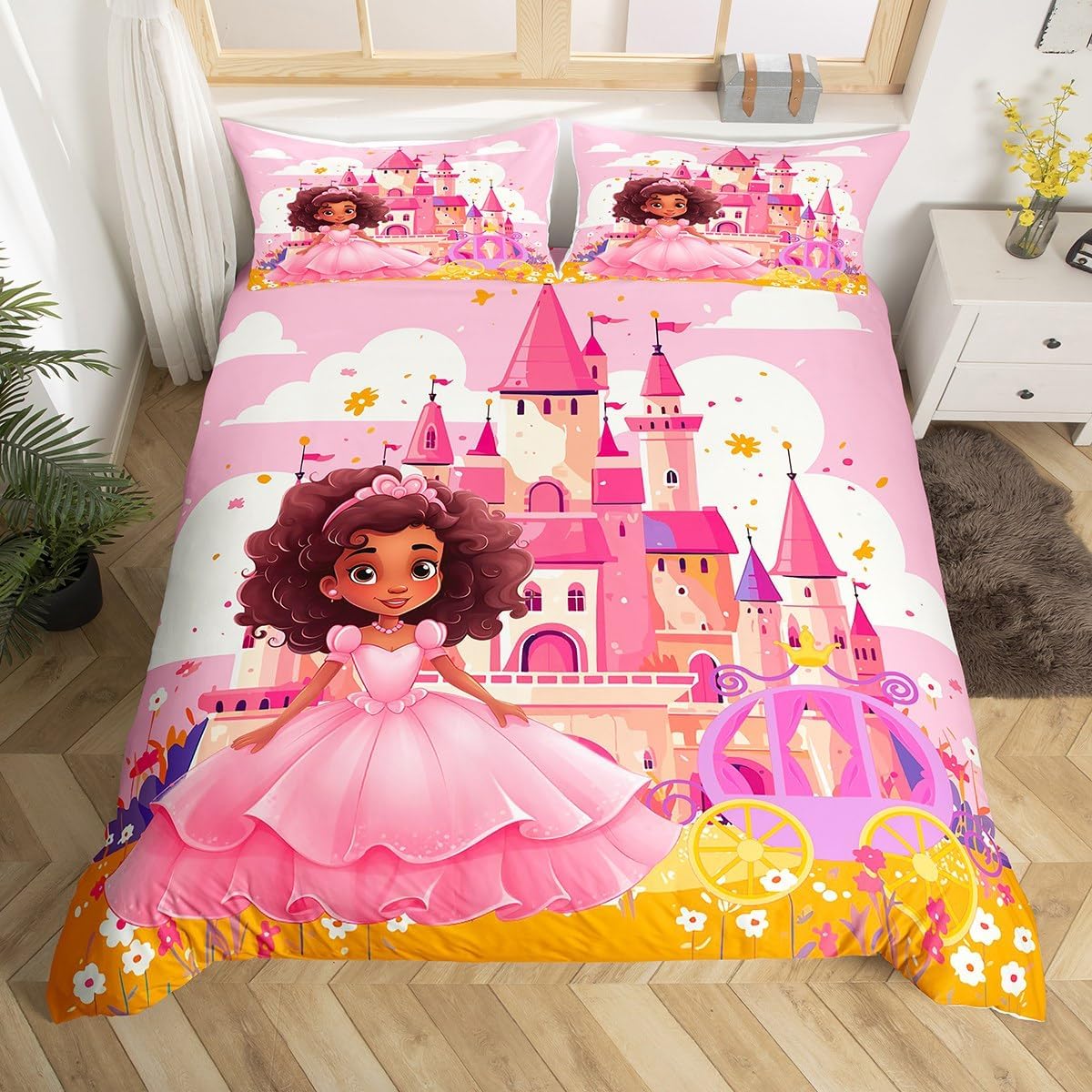 Black Princess Duvet Cover Twin Size 2 Pcs,Dreamy Castle Carriage Pink Girly Bedding Set for Kids Girls Kawaii Room,Fairy Tale Garden Floral Fantasy Quilt Cover(No Filler) for All Season