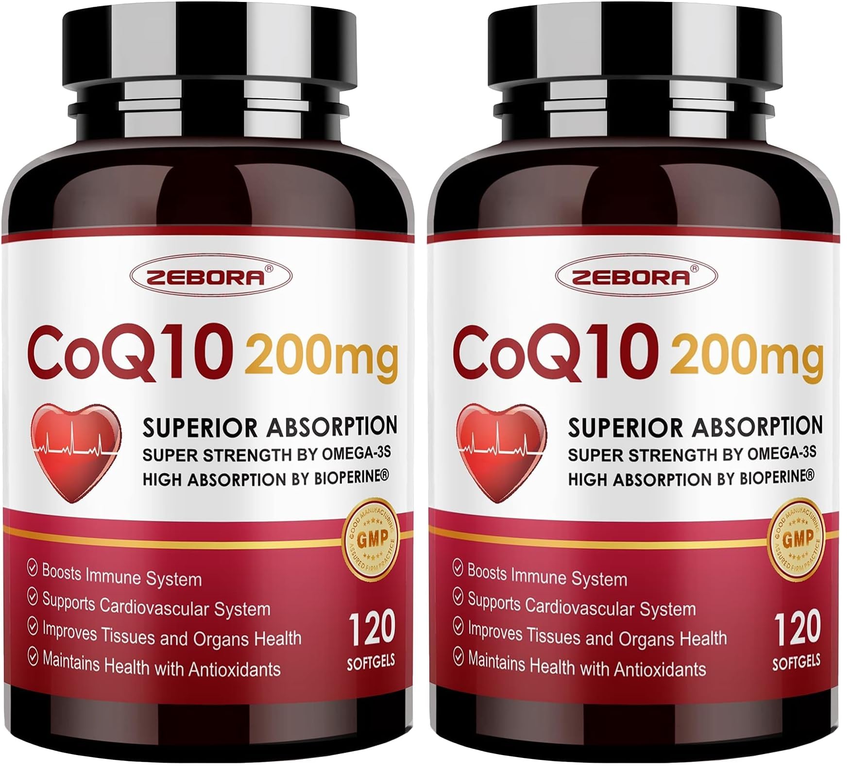 ZEBORA CoQ10-200mg-Softgels with PQQ, BioPerine & Omega-3, 120 Servings Coenzyme Q10(Ubiquinone) Supplement for High-Absorption, Powerful-Antioxidant, Support Heart & Energy-Production (Pack of 2) 120 Count (Pack of 2)