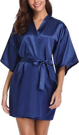 Vlazom Womens Kimono Robes Dressing Gown Satin Bathrobe Nightdress Short Style Bridal Robe