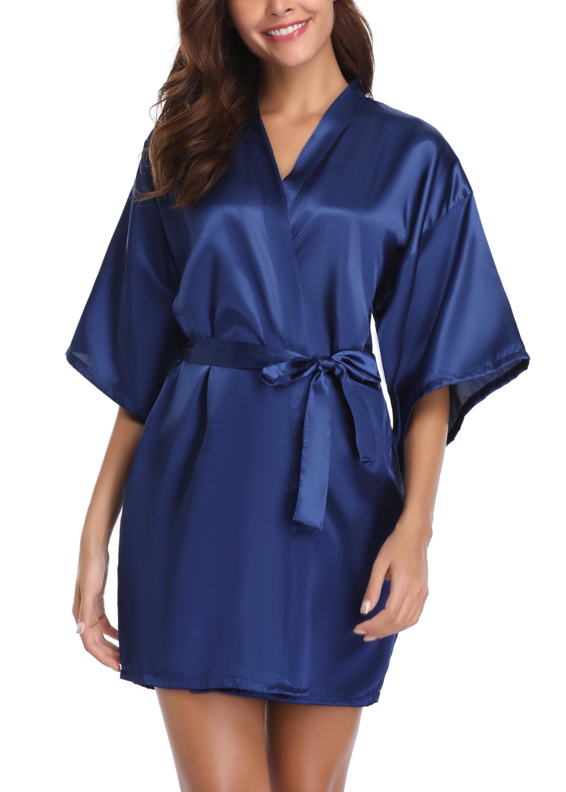 Vlazom Kimono Robe Damen Morgenmantel Kurzer Satin Bademantel Mit Gürtel V-Ausschnitt Kimono