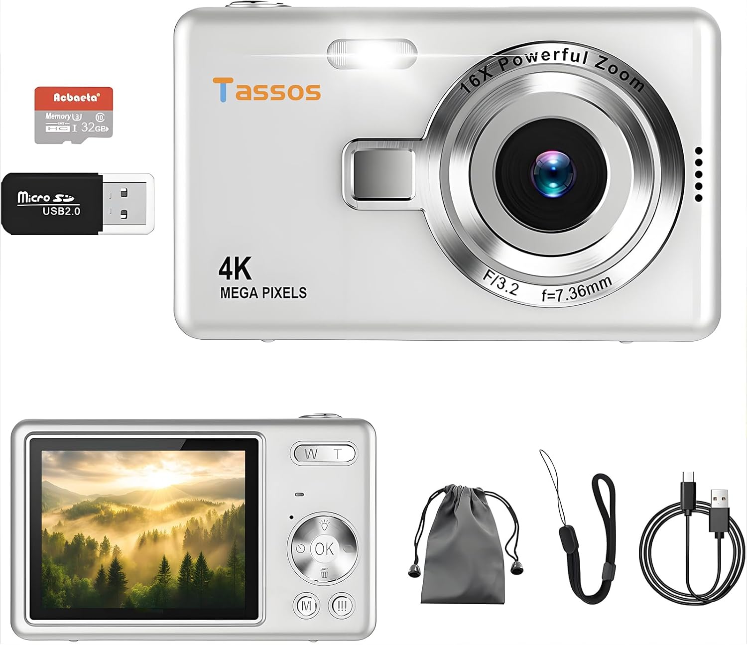 Câmera Digital 1080P Fhd 4K com Tela Lcd de 2,4″, Compacta e Portátil para Vlogs e Fotos, com Cartão Sd de 32Gb e Zoom Digital de 16X Para Iniciantes, Câmeras Digitais Compactas para Viagens (Branco)