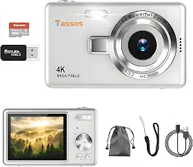 Câmera digital 1080P FHD 4k com tela LCD de 2,4", compacta e portátil para vlogs e fotos, com cartão SD de 32GB e zoom digital de 16x para adolescentes, estudantes e iniciantes. (branco)