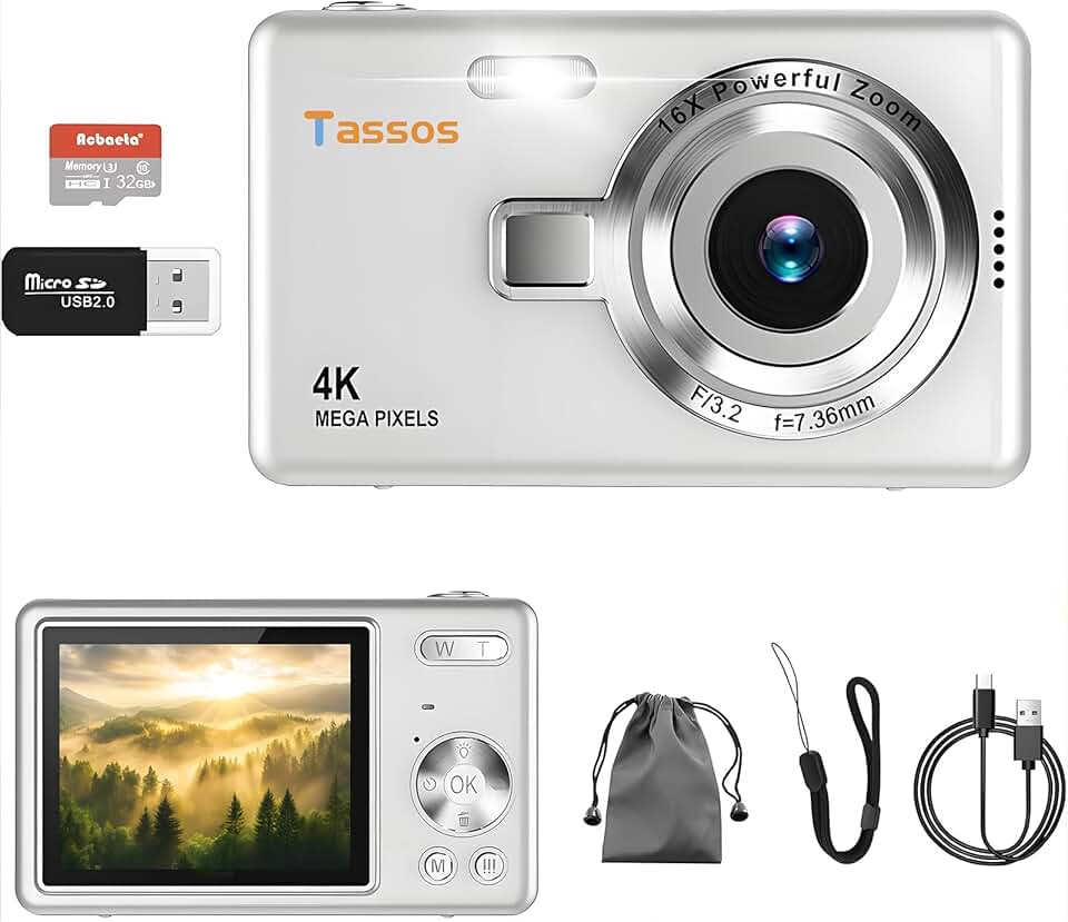 Câmera digital 1080P FHD 4k com tela LCD de 2,4", compacta e portátil para vlogs e fotos, com cartão SD de 32GB e zoom digital de 16x para adolescentes, estudantes e iniciantes. (branco)