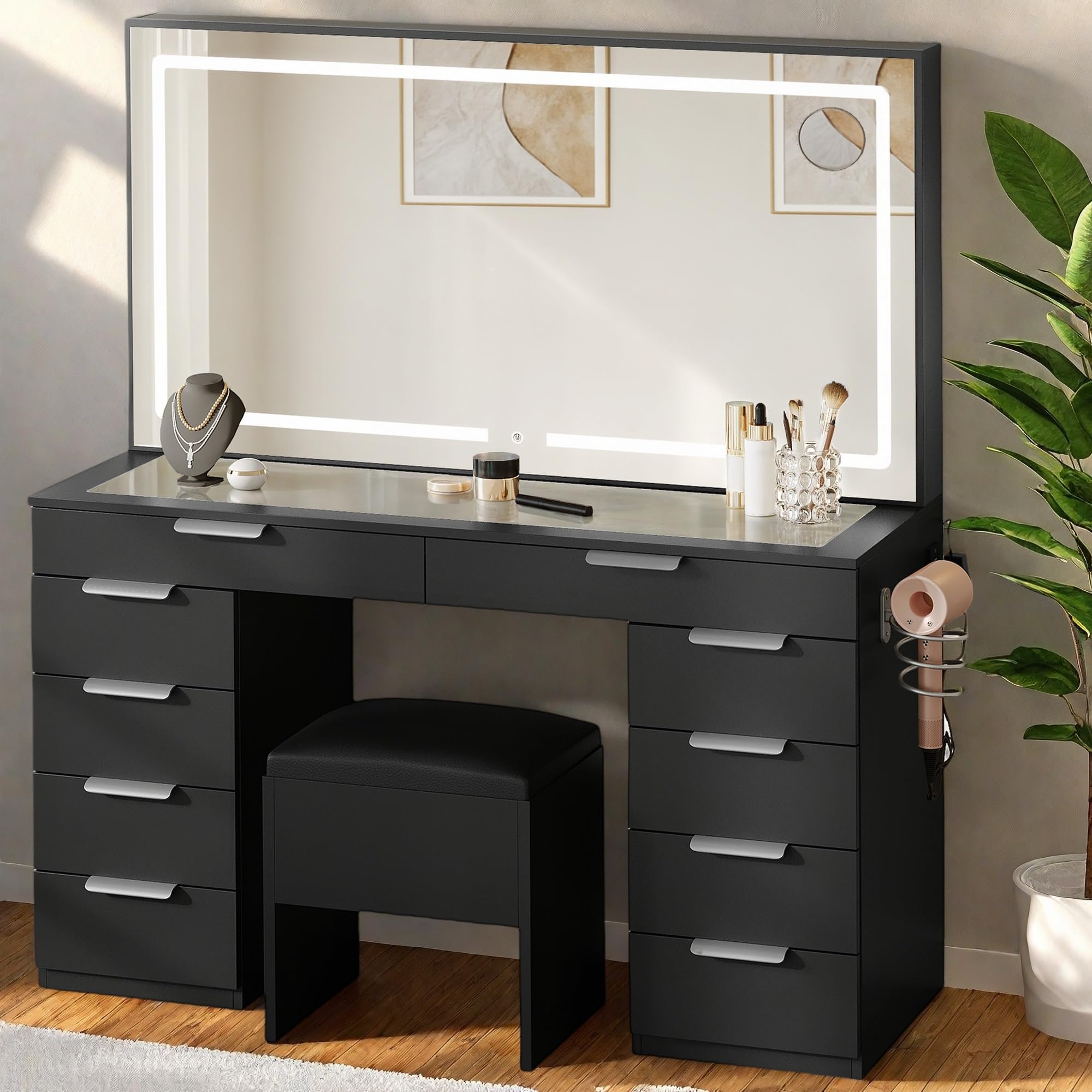 DWVO Vanity Desk Set with Large LED Lighted Mirror & Power Outlet, Glass Top Makeup Vanity with 10 Drawers and Magnifying Glass, 3 Color Modes & Adjustable, Storage Bench
