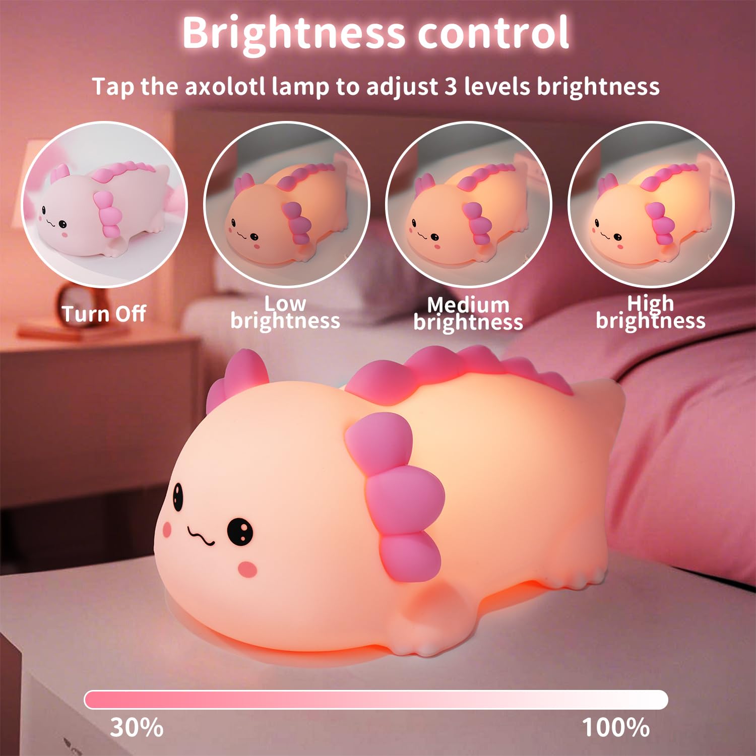Axolotl Silikon-Nachtlicht für Kinderzimmer, dimmbar, LED-Tierlampe mit Timer, niedliche Geschenke, wiederaufladbare Schlafzimmer-Nachttischlampe mit Touch-Sensor, Spielzeug für Kinder