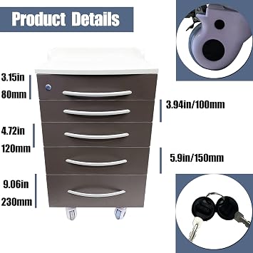 TECHTONGDA Mobile File Cabinet 5 Drawer Medical Dental Assistant's Mobile Cabinet Stainless Steel Utility Cart Brown Medical Storage Cart with Lock, 2 Divider Brackets and One Hidden Side Drawer