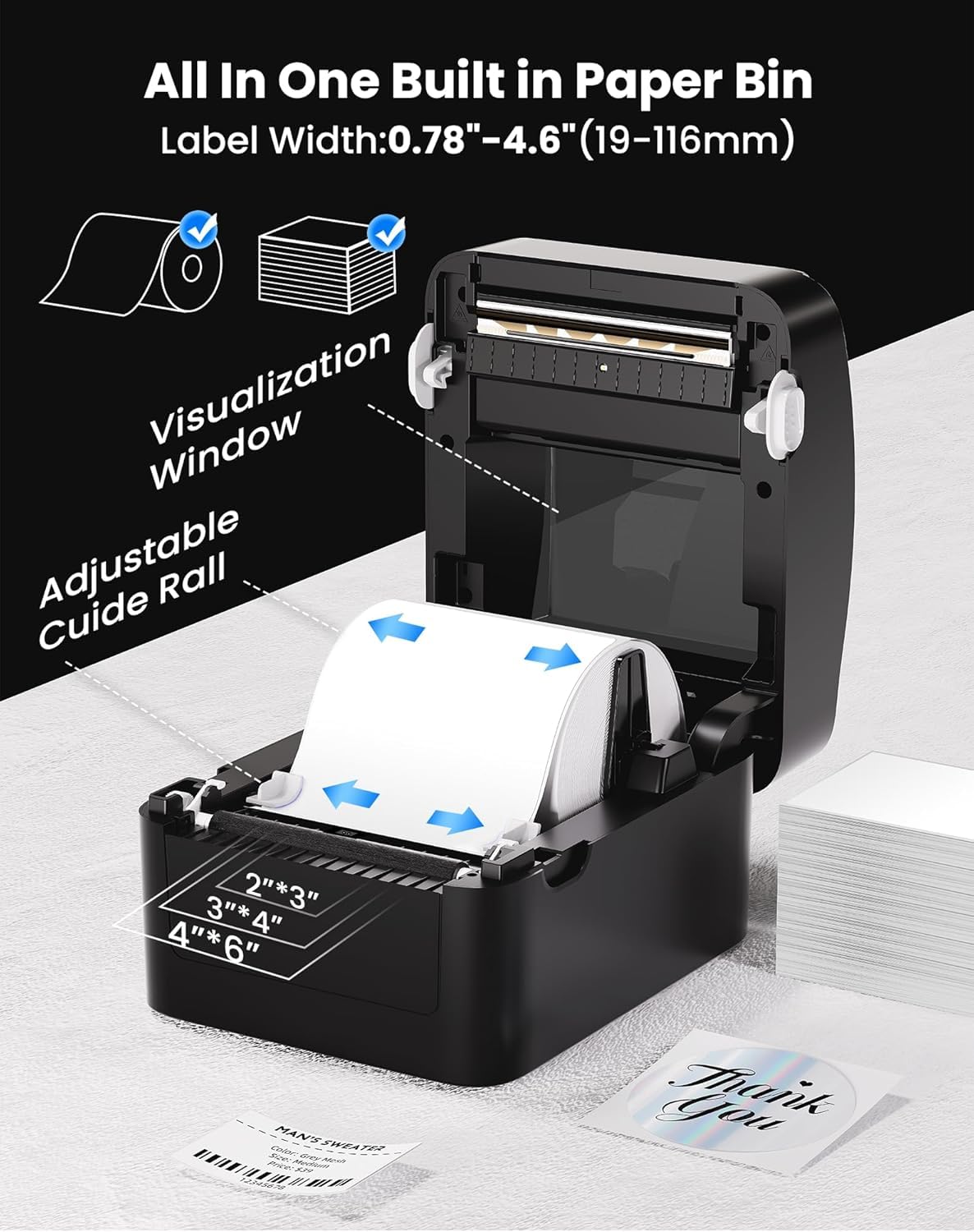 vretti Stampante per etichette Bluetooth, stampante termica DHL 4 x 6, sicurezza di scansione al 99,99%, durata della testina di stampa 3 volte più lunga, senza toner e risparmio del 70%