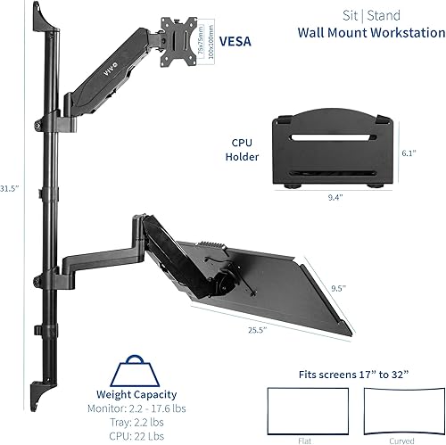 Miniatura 3 de VIVO Teclado de brazo de resorte neumático ajustable en altura ajustable, monitor, soporte de pared para CPU para 1 pantalla de hasta 32 pulgadas