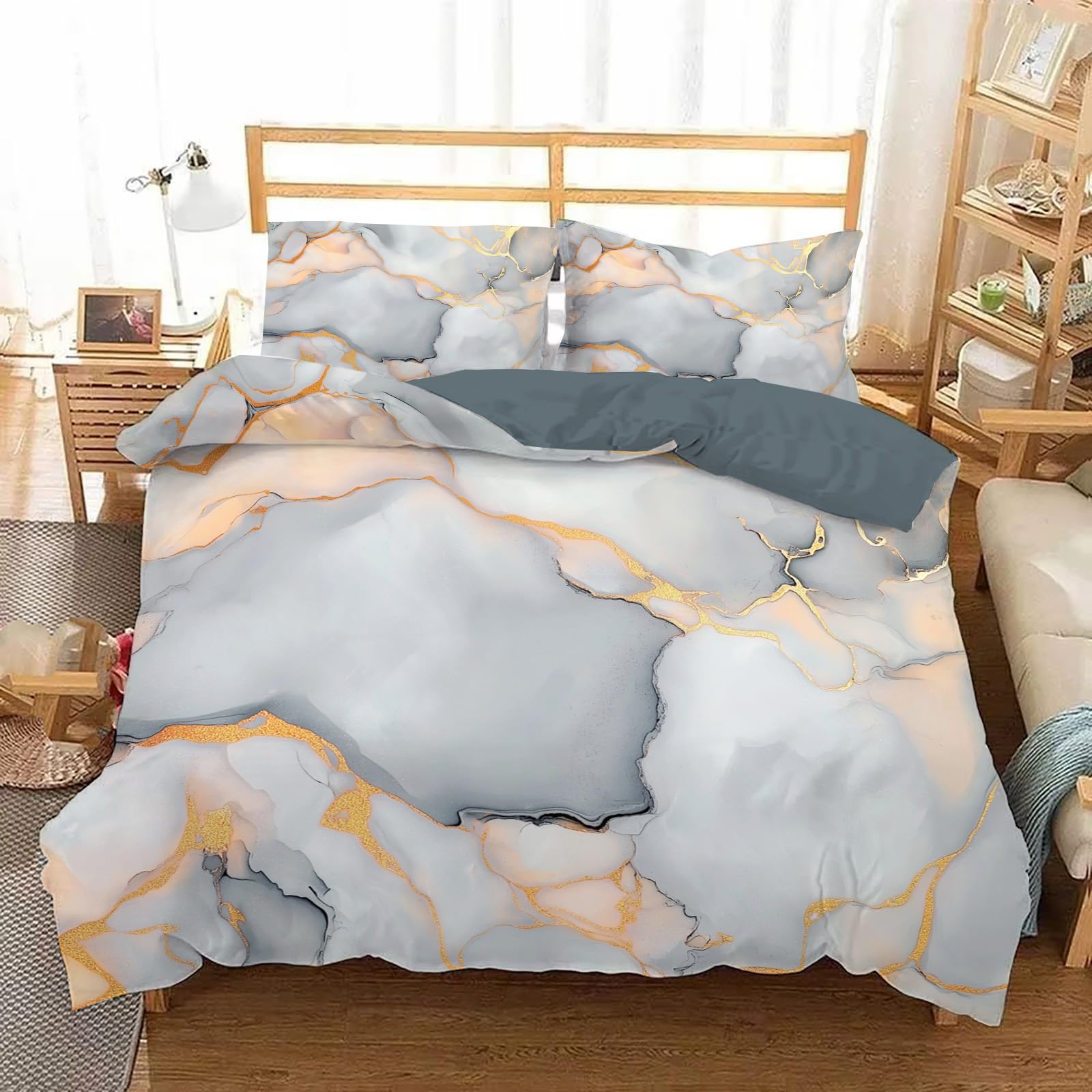 Housse de couette 260x240 marbre doré : parure chic pour lit enfant et ado