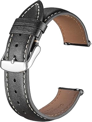 Genuine Leather Watch Band,French Swift Fine Grain Cowhide,Quick Release,black,21mm,beige thread,silver buckle