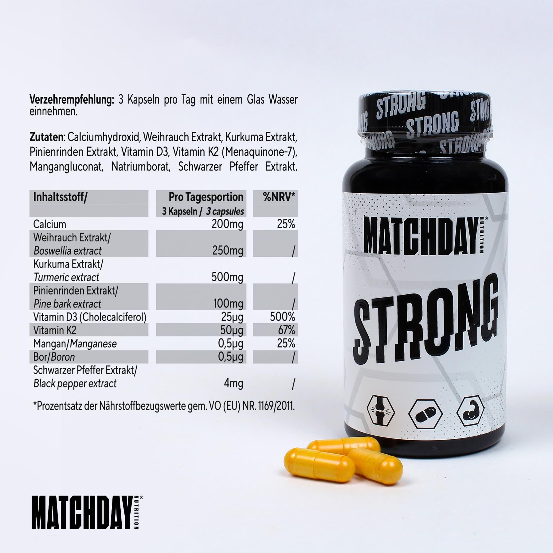 Matchday Nutrition STRONG I Für Muskeln & Gelenke I Speziell für Fußballer I Pflanzenextrakte & Vitamine I 90 Kapseln (30 Portionen)