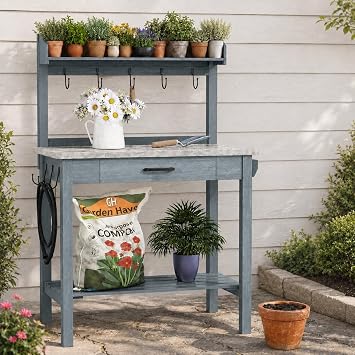 HOLTICO Potting Bench with Storage Drawer, Blue-Gray