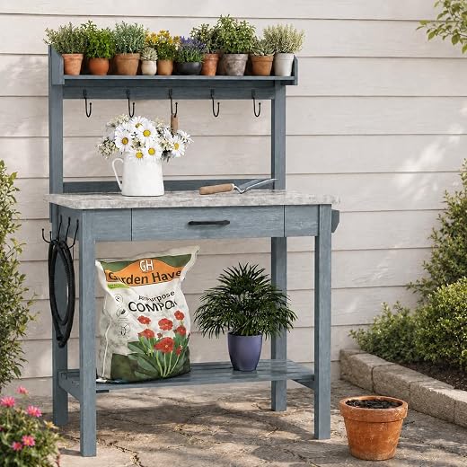 HOLTICO Potting Bench with Storage Drawer, Blue-Gray