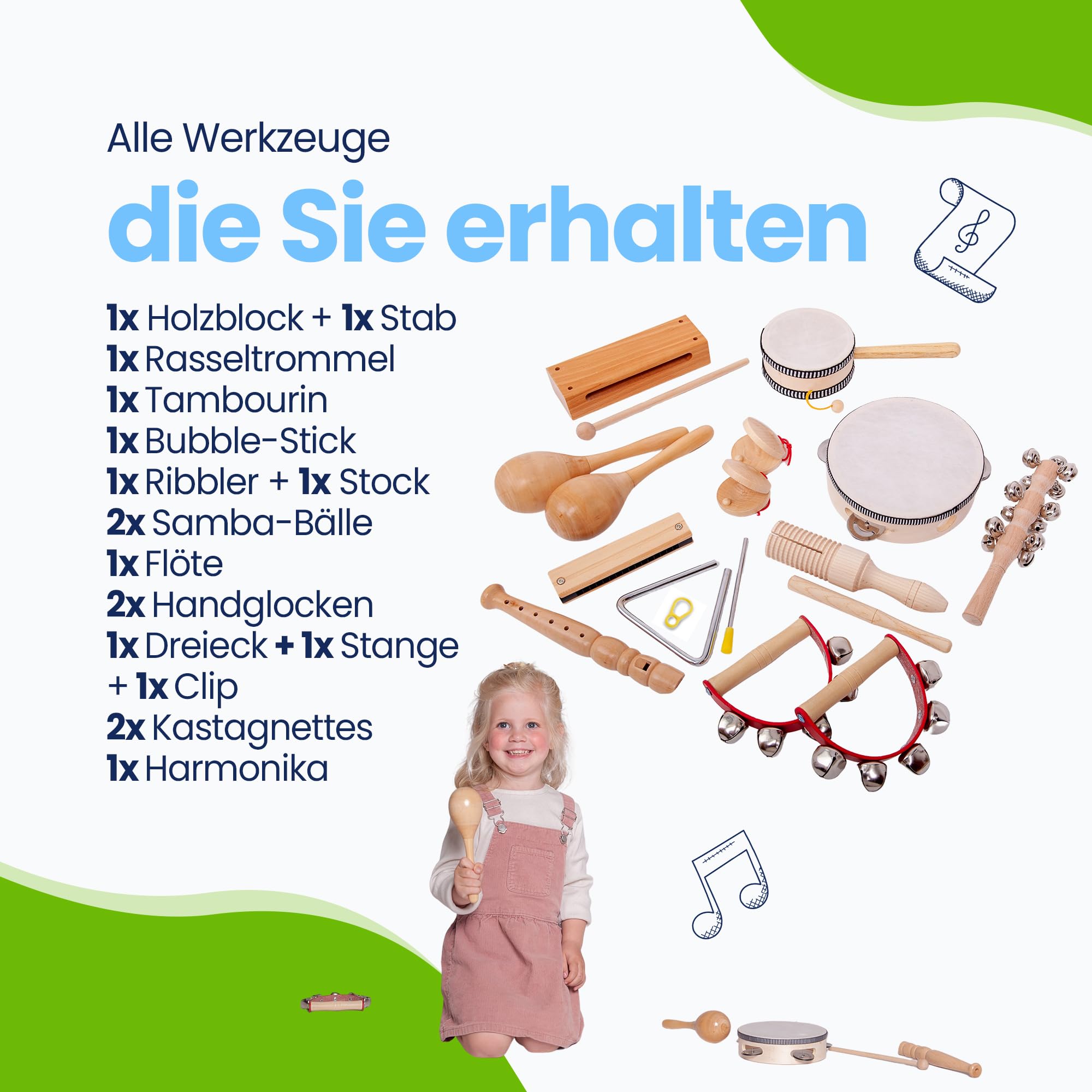 18-teiliges Musikinstrumenten Set aus Holz - Nachhaltiges Geschenk - Lernspielzeug - Geburtstag zu Hause - Montessori Spielzeug - Kinderspielzeug - Musik für Kinder