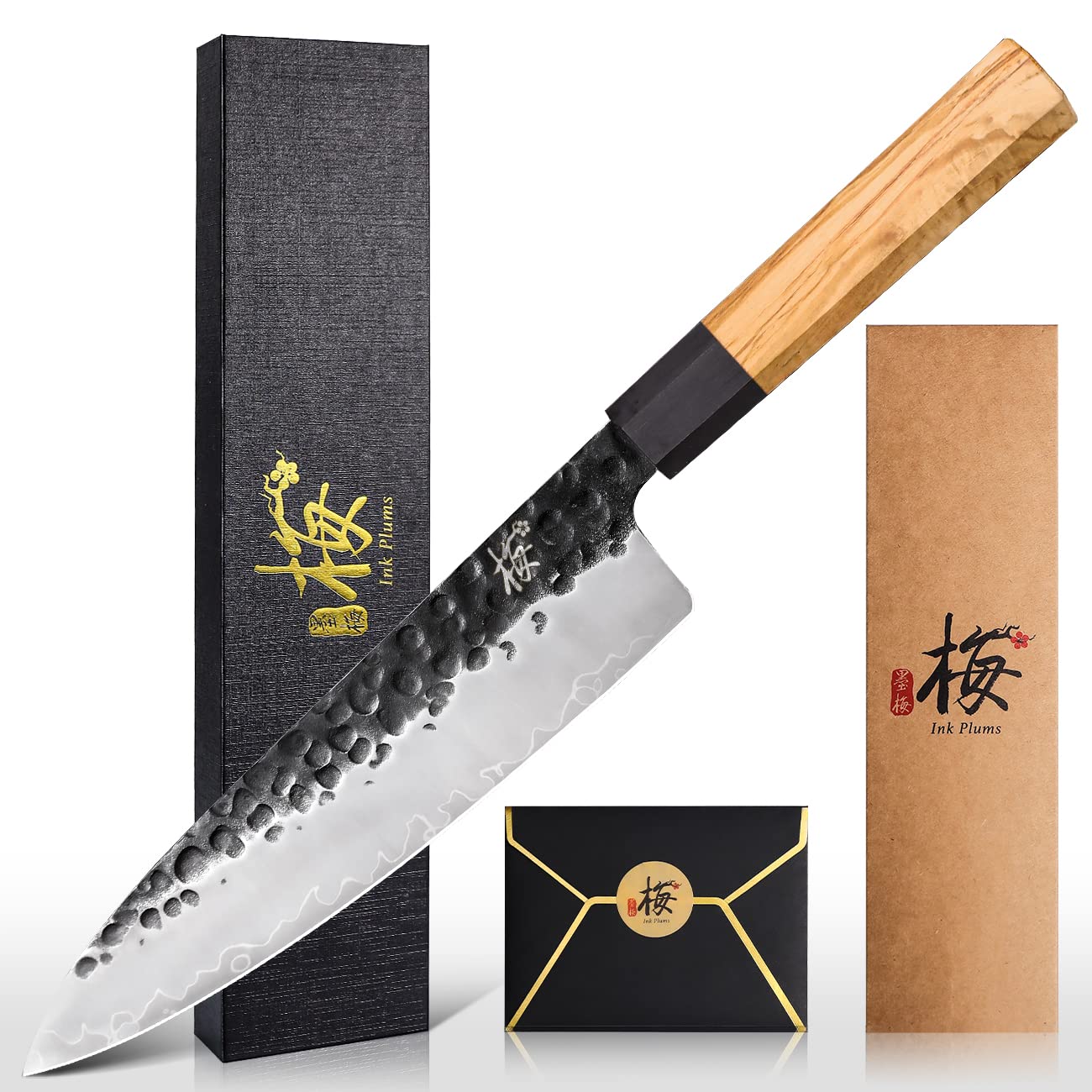 Ink Plums 8 Inch Professional Kitchen Knife,High Carbon Steel Ultra Sharp Chef's Knife with Olivewood Handle & Gift Box
