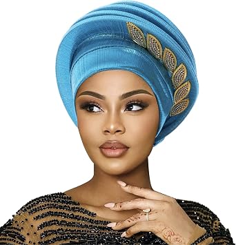 African Womens Spiral Turban Cap, Beaded Leaf Embellishment, Pre-Tied Head Wrap, Multiple Colors Available