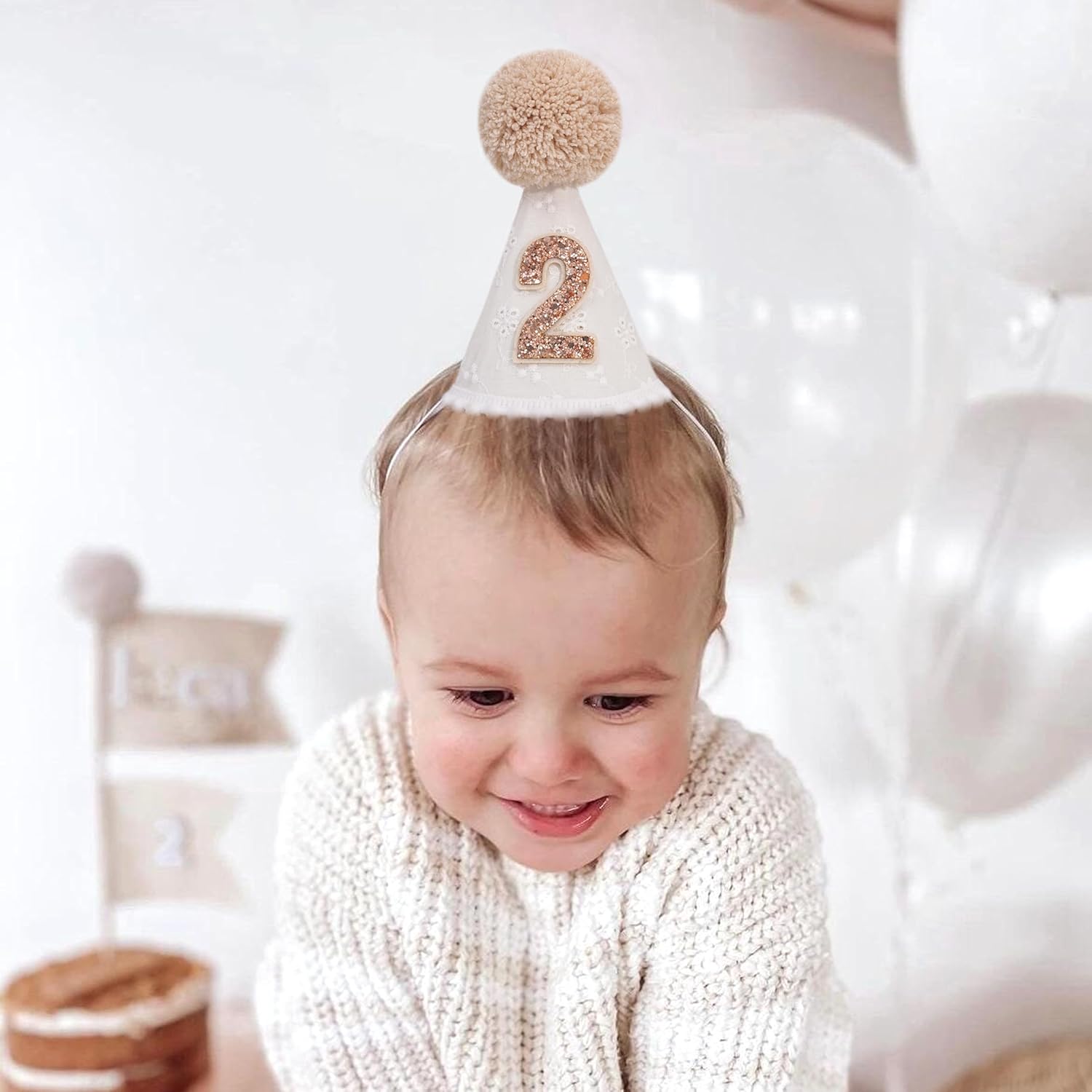 White Brown 1st Birthday Hat - One Birthday Cone Hats, First Hats for Girls/Boys - Image 3