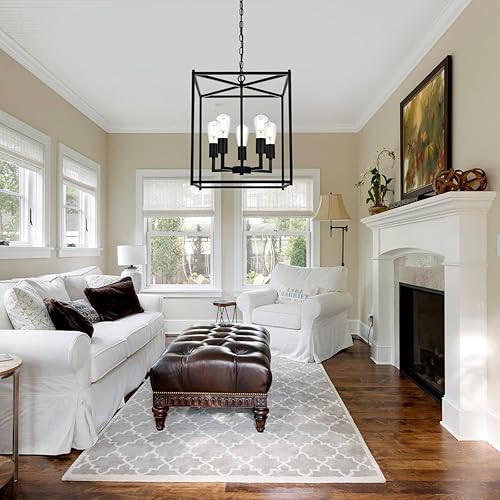 Miniatura 6 de Wanluce Lámpara colgante moderna de granja, 5 faroles negros para cocina, luces de isla cuadradas, comedor para iluminación colgante de entrada