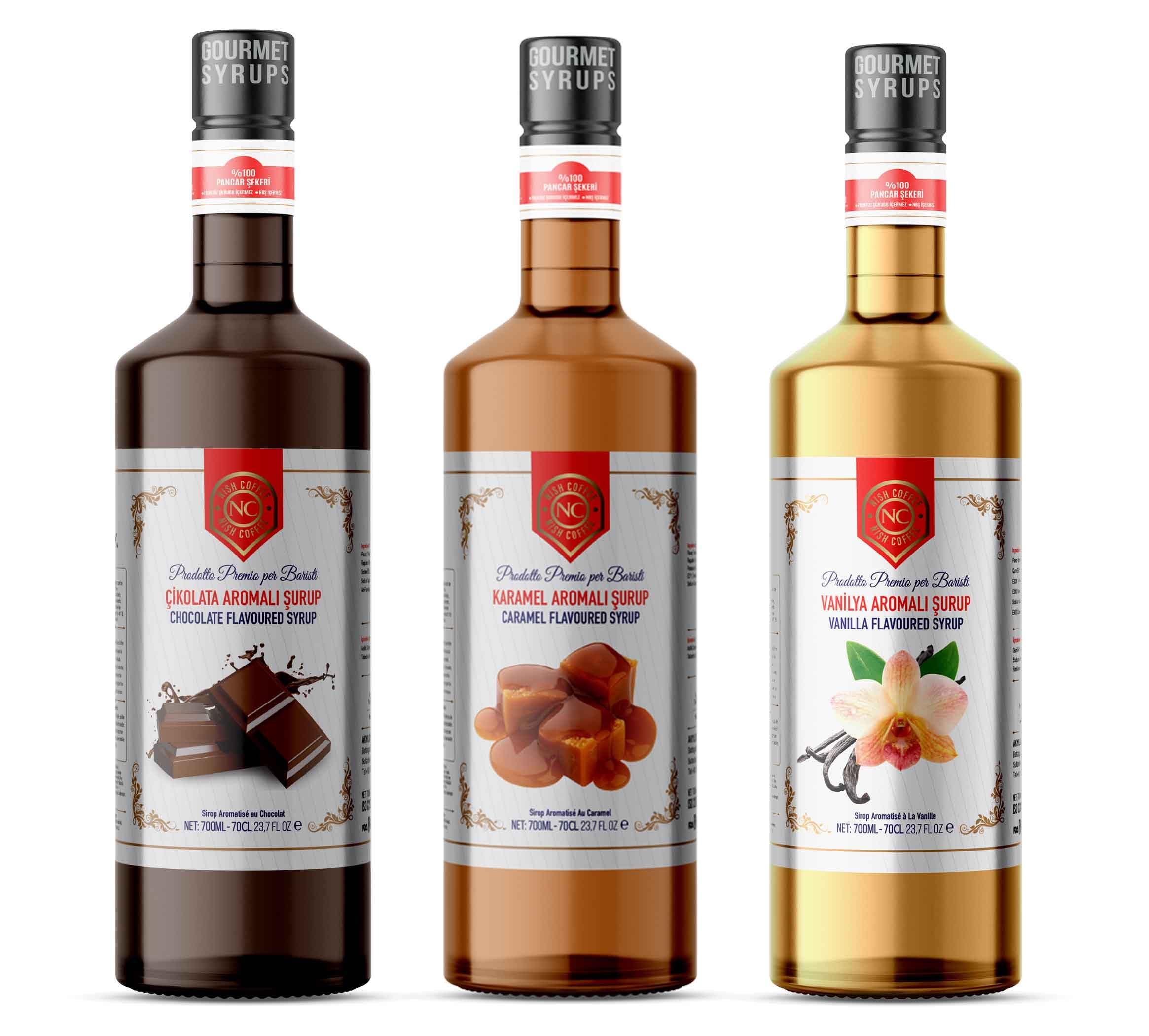 Nish Çikolata, Karamel, Vanilya Aromalı Şurup 3'lü Set (3x700 ml)