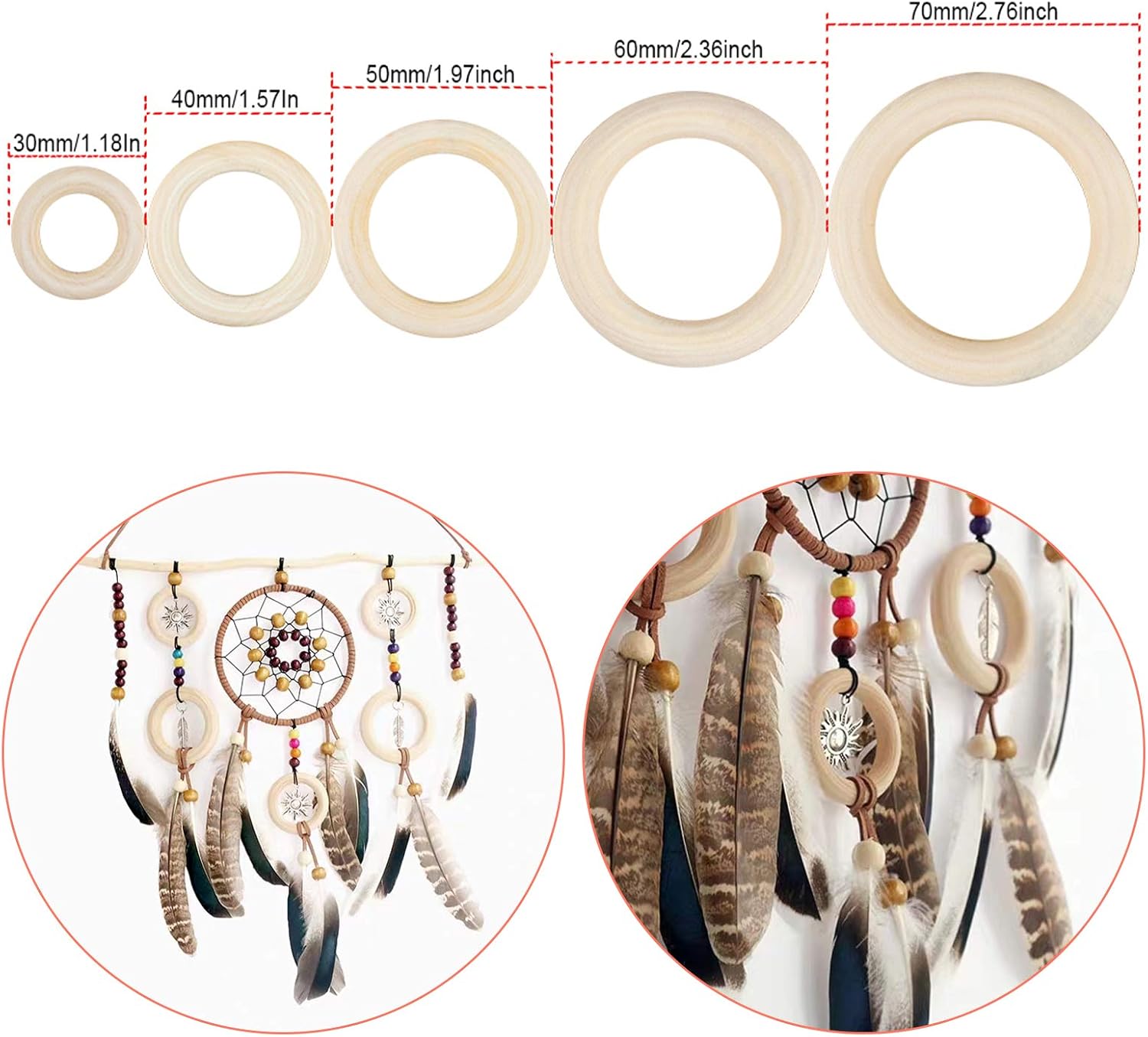 50 Pieces Natural Wooden Rings, Round Wooden Craft Rings Unfinished ...