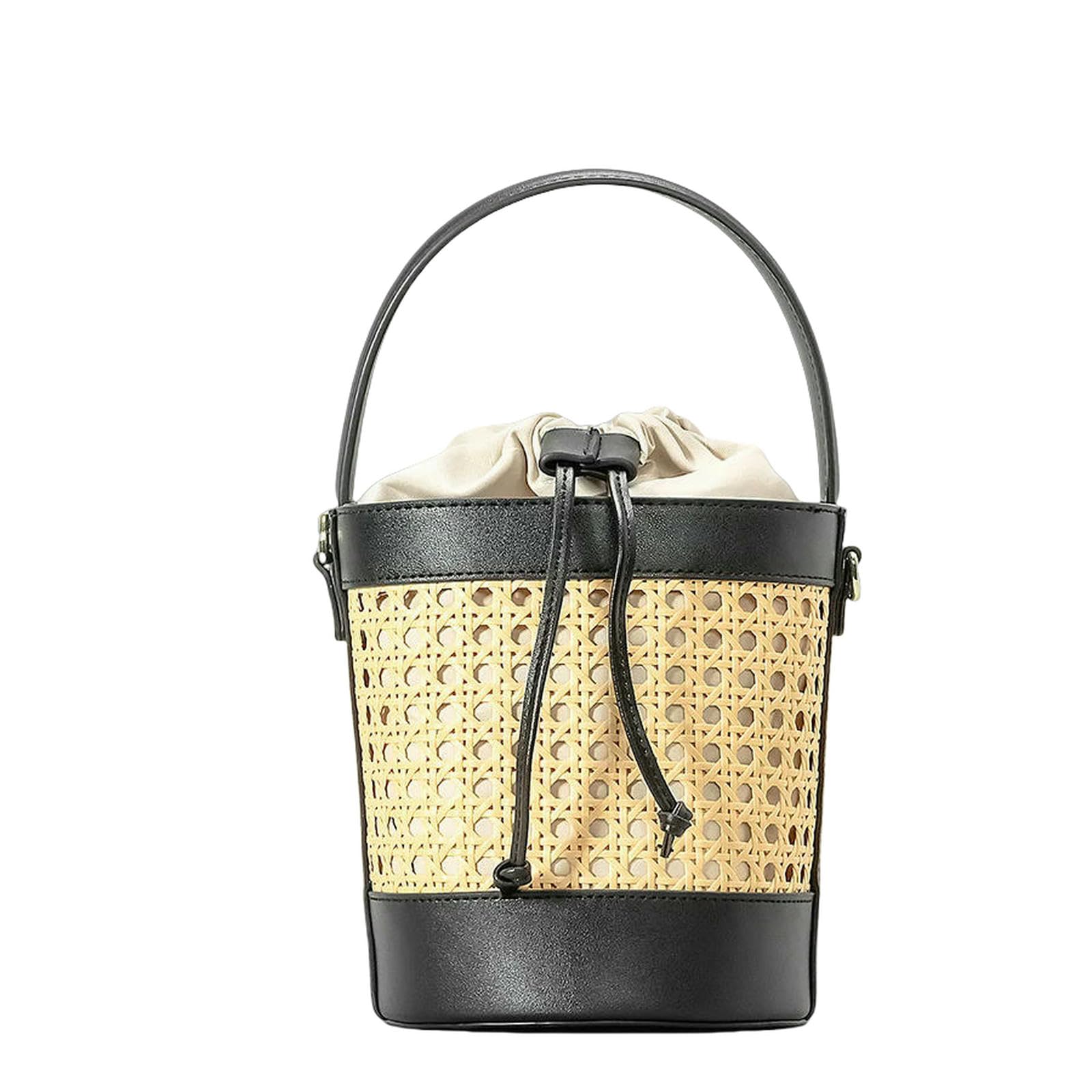 Strohtaschen Damen Shopper Fashion Hollow Eimer Bag Wicker Woven Women Handtaschen Luxus Pu Leder Schulter -Crossbody -Taschen Sommer Beach Bag-braun