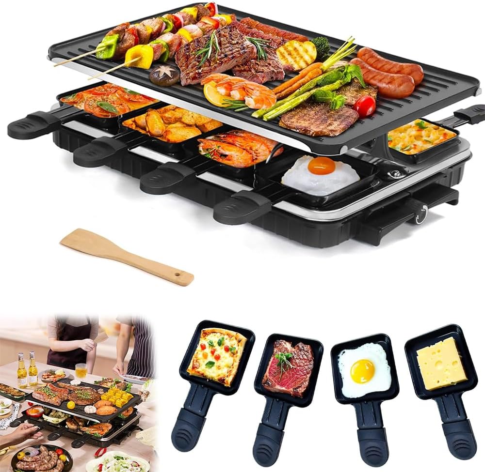 Raclette Grill Machine Electric 8 Persons Indoor BBQ Raclette Table Double Layer Smokeless Electric Grill 1300 W & 8 Cheese Non-Stick Griddle Plate & Adjustable Temperature Control