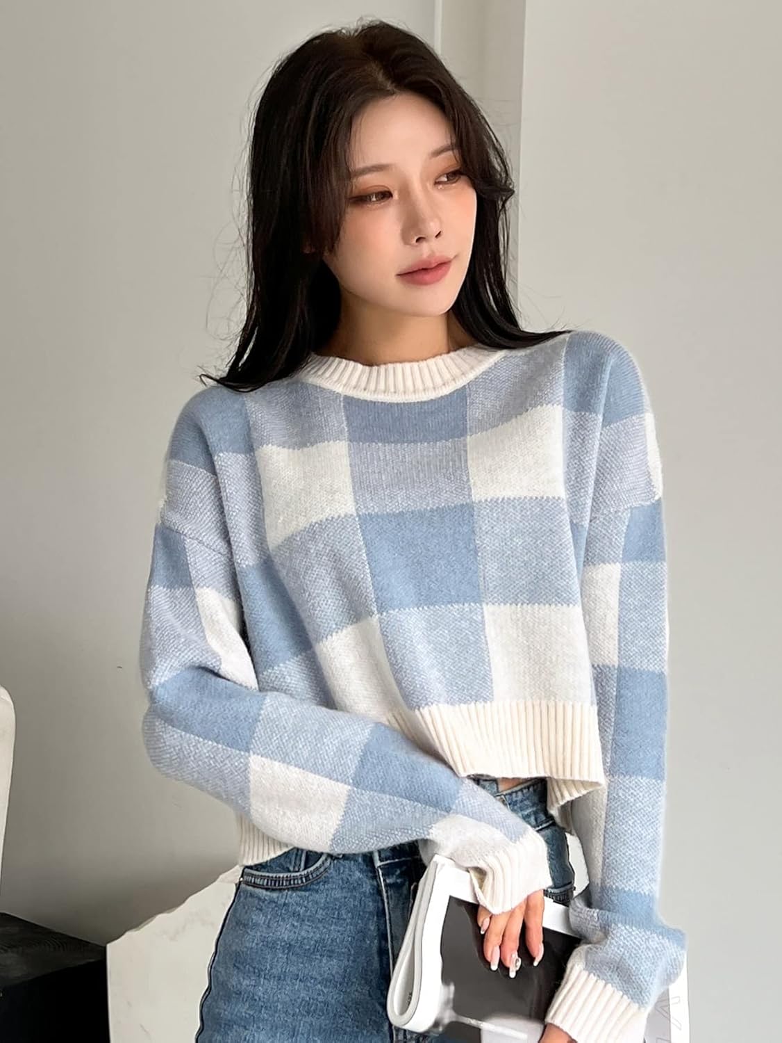 Women's Sweater Buffalo Plaid Pattern Drop Shoulder Sweater Sweater for Women (Color : Blue and White, Size : Medium)