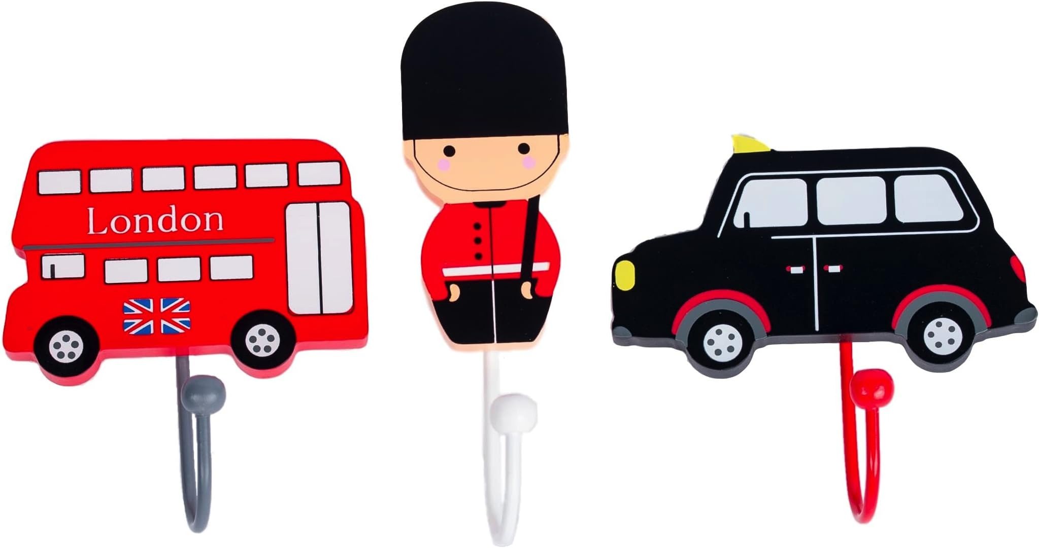 Handmade London Kids Coat Hooks/Pegs Including a Bus, Taxi and a Guard - Children's Room Decor by Tinkie Toys.