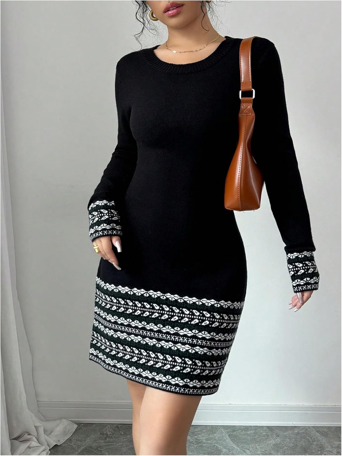 MakeMeChic Women's Sweater Dress Graphic Long Sleeve Crew Neck Knit Casual Short Mini Dresses - Image 5