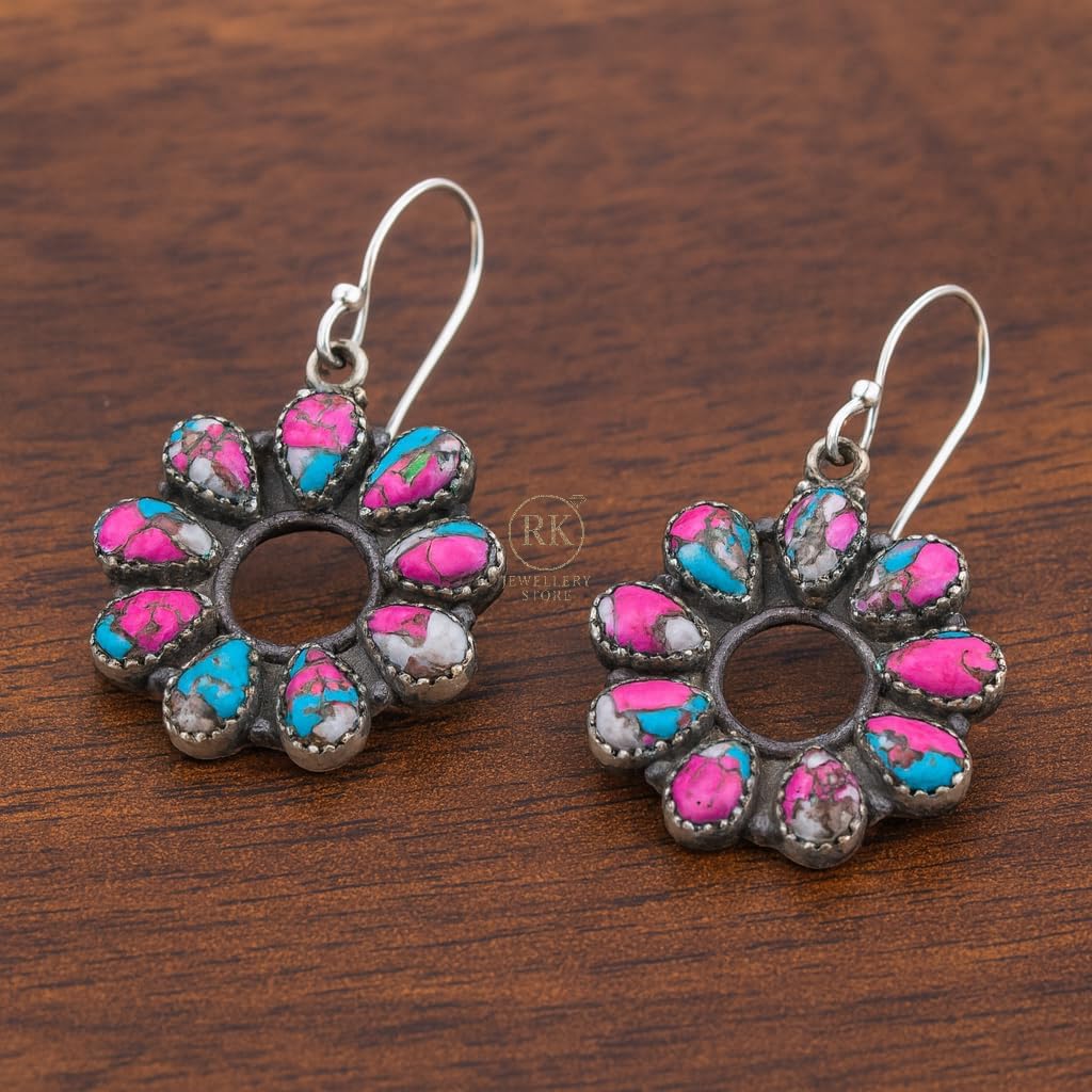Cotton Candy Turquoise Pink And Blue Stone Earrings 925 Sterling Silver Handmade Boho Earrings For Women