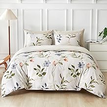 Lekesky King Size Duvet Cover Sets with Botanical Print – Soft Breathable & Hypoallergenic Microfiber Bedding Sets with 2 Pillowcases, Duvet Cover with Zip Closure, Machine Washable (White)