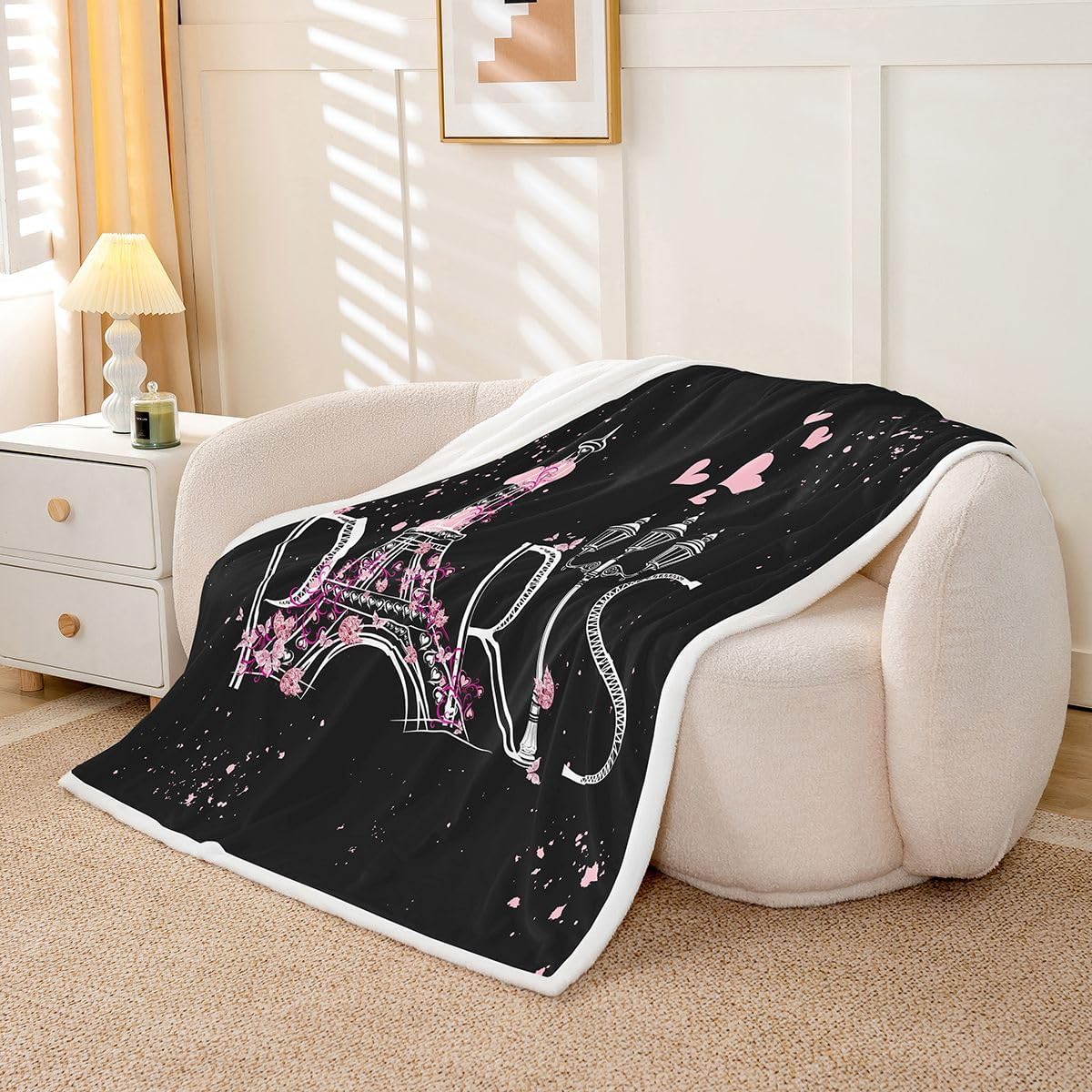 Eiffel Tower Fleece Throw Plush Blanket for Sofa Couch Bed - Black Pink - Modern French Style Sherpa Blanket - Twin 60"x80" - Paris Chic Romantic Theme