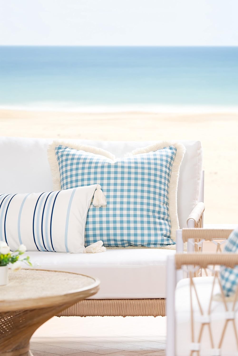 Hofdeco Premium Coastal Hampton Style Patio Indoor Outdoor Pillow Cover Only, 20"x20" Water Resistant for Backyard, Couch, Baby Blue Gingham Fringe