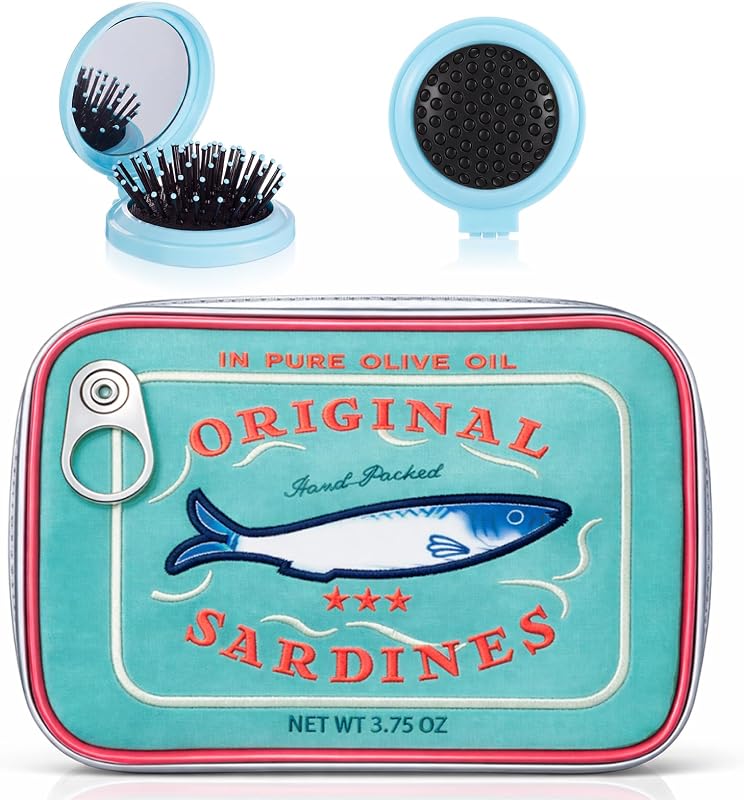 Reginary Bolsa de maquiagem dobrável com estampa de lata de sardinha, pente com espelho, azul, pacote com 2