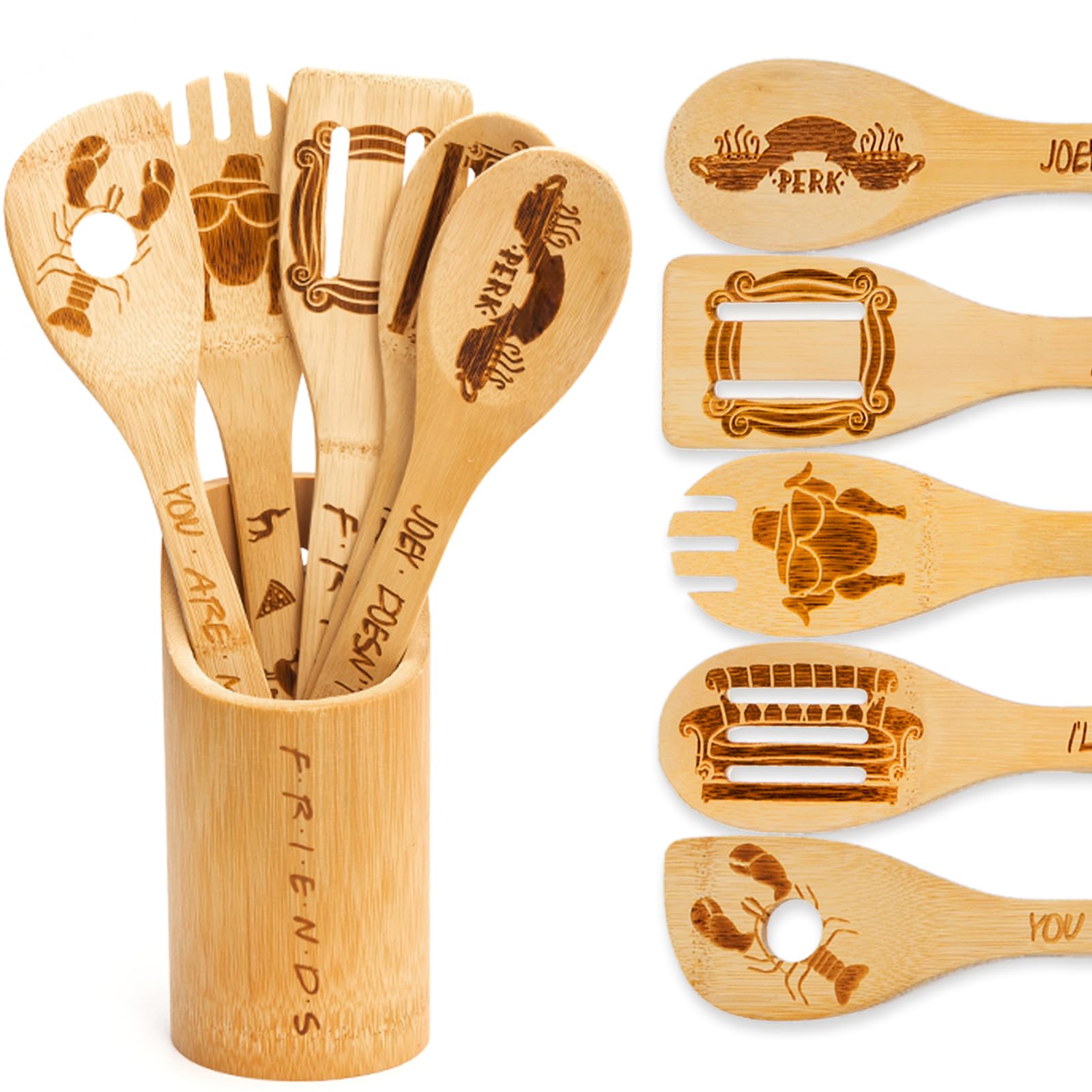 Friends Wooden Spoons for Cooking, 6 Piece Kitchen Utensils Set with Holder, Gifts for Fans, TV Show Merchandise, Non-Stick, Housewarming Birthday Present for Friend/Mom/Women