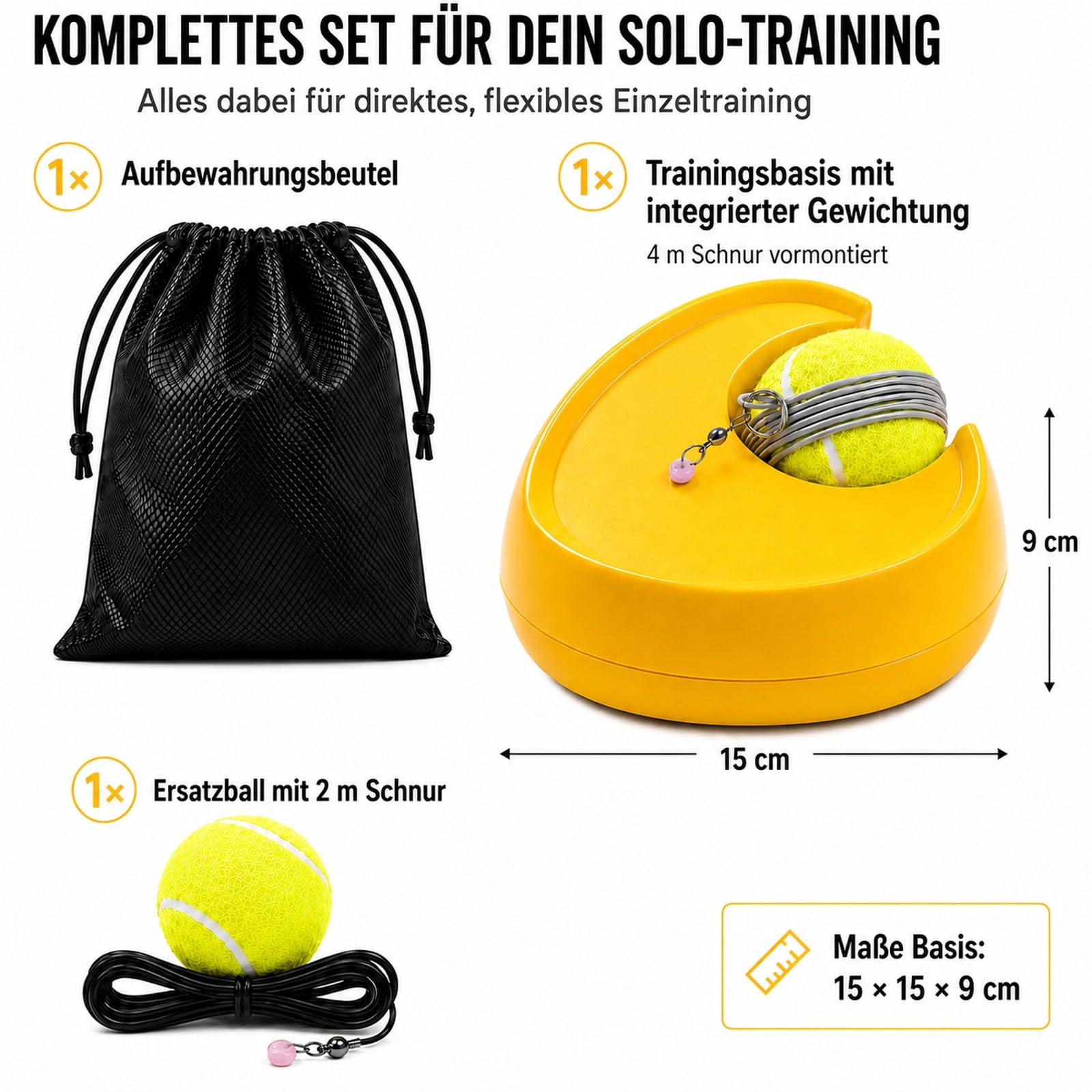 Tennis Trainer Set mit Ball an Schnur – Tennistrainer mit standfester Basis ohne Wasserbefüllung, 2 m Schnur + Ersatzball mit 4 m Schnur, Beutel, Solo Trainingsgerät für Tennis & Padel