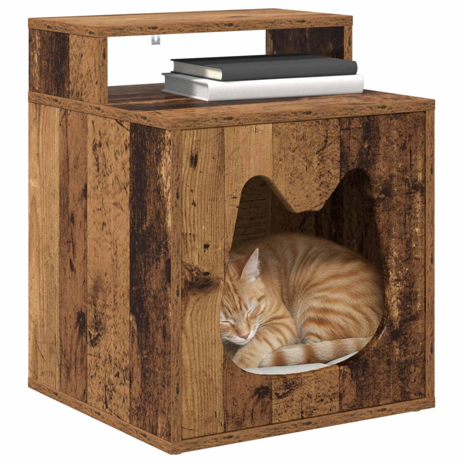 Casetta per gatti in legno di vecchio legno, 42,5 x 40 x 53,5 cm, compatta e stabile, per soggiorno, interni per gatti, con kit di montaggio, ideale per graffi, arrampicata, giochi e cura