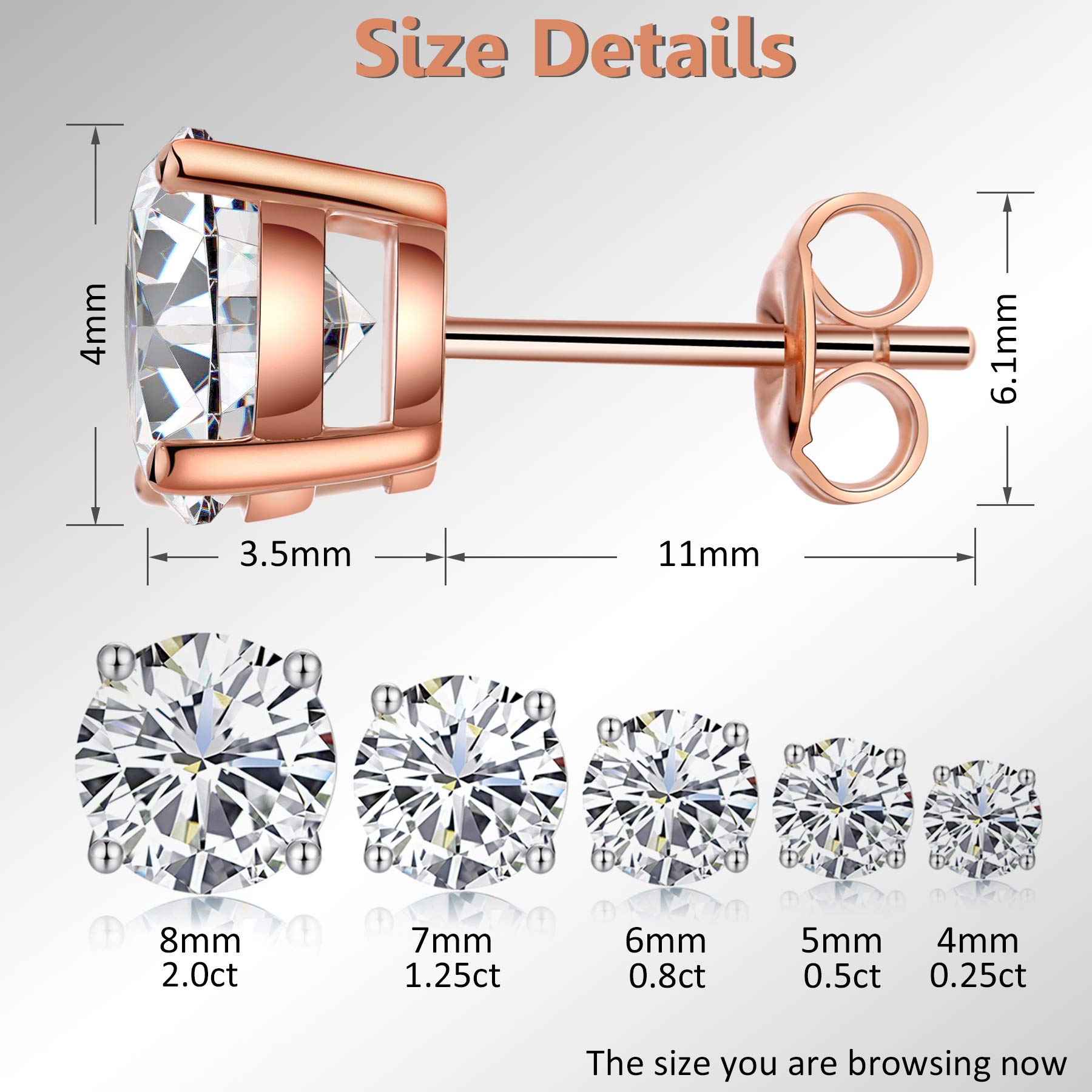 Miaofu Orecchini 18k Oro Bianco Placcata 925 Argento Sterlina Zirconi Simulato Diamante Brillanti per Donna Uomo 4-8mm Cubica Swarovski Dimensioni 3mm-8mm