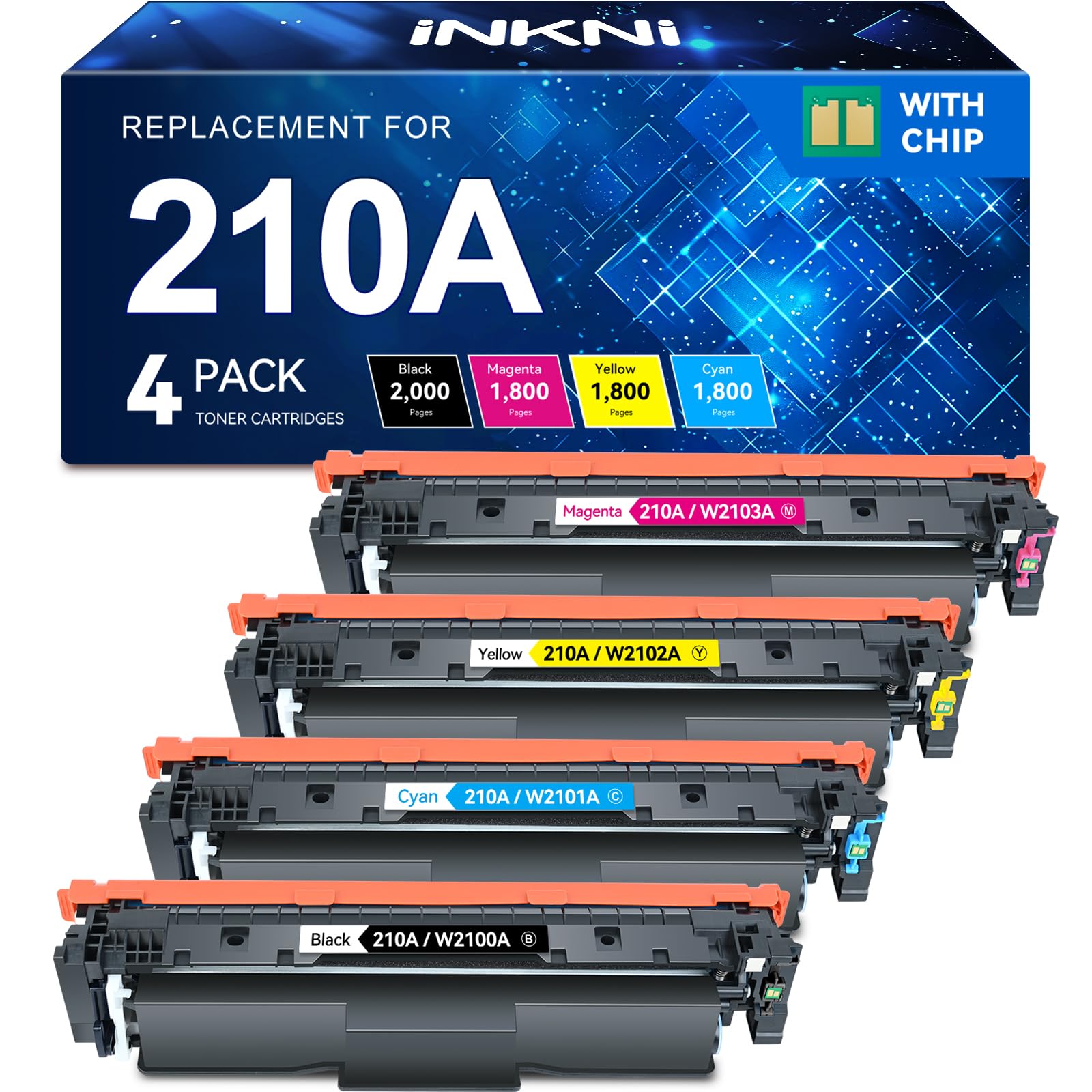 210A Toner Cartridges 4 Pack Compatible Replacement for HP 210A 210X 210 Toner for HP Color Laserjet Pro MFP 4301fdw 4301fdn Pro 4201dn 4201dw Printer Ink W2100A W2100X High Yield (B/C/M/Y, With Chip)
