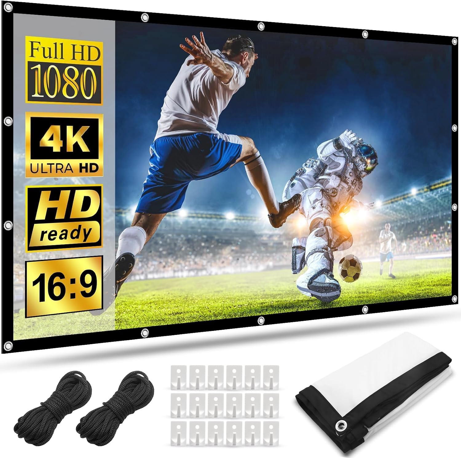 HOPFROG 100 Inch Portable Projector Screen, Washable and Anti-Wrinkle Milk Silk Fabric, 16:9 4K HD Double Sided Foldable for Outdoor Camping and Home Theater, Easy Installation with Hooks