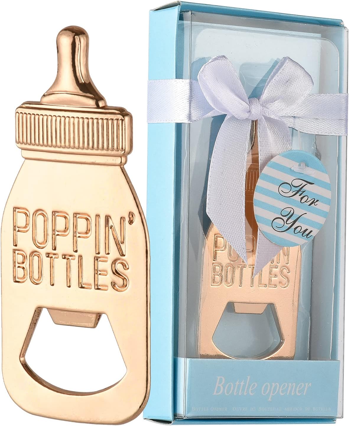50-Pack Baby Bottle Shaped Bottle Openers - Baby Shower Party Favors With Thank You Tags & Organza Bags, Gold Zinc Alloy
