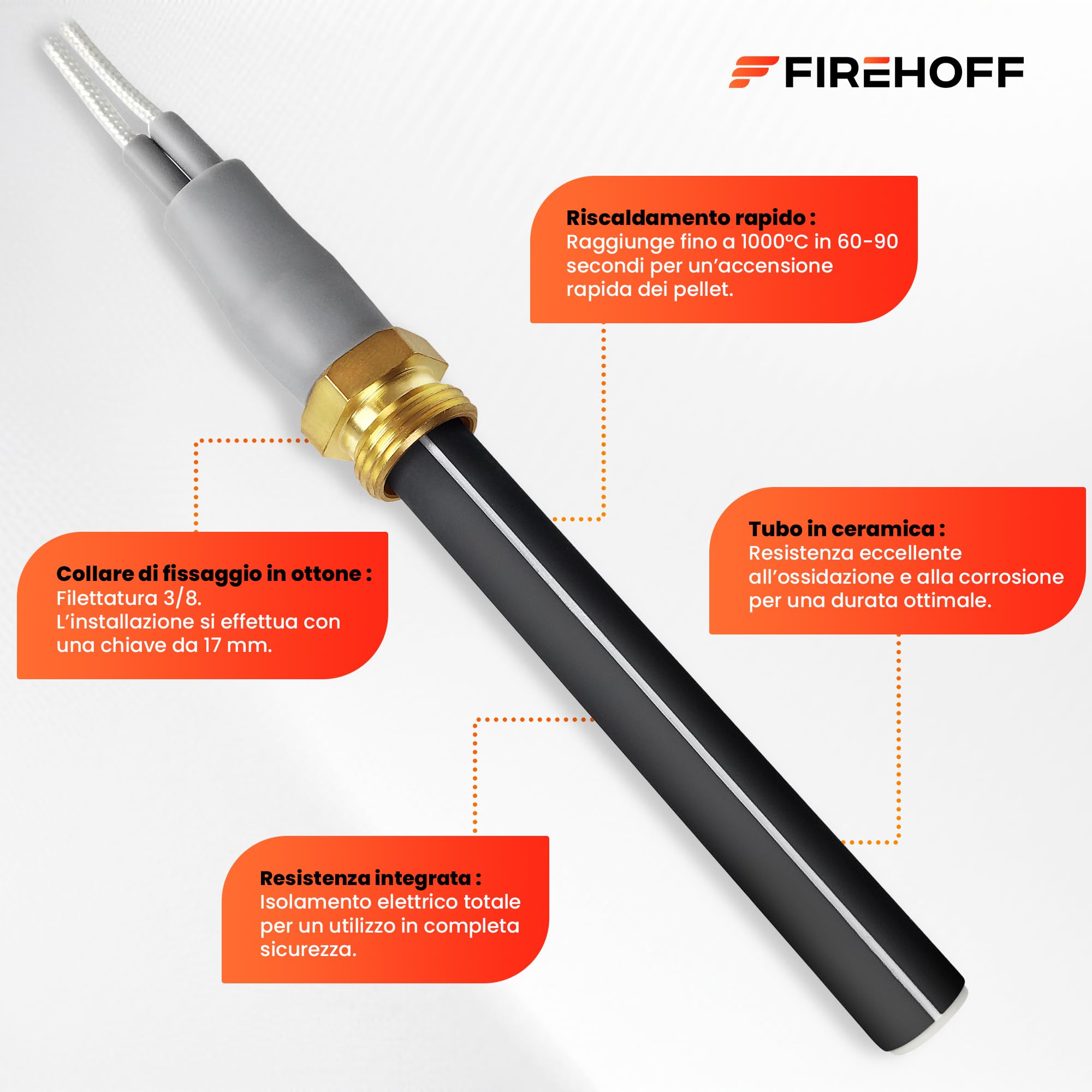 Candela ceramica per stufa a pellet NORDICA EXTRAFLAME/SKIA/RAVELLI/DAL ZOTTO – PSx 6-240-B – 300W, Ø11,55mm, 89mm, Modello non forato – Pezzo originale OEM GIAPPONE – GARANZIA 2 ANNI