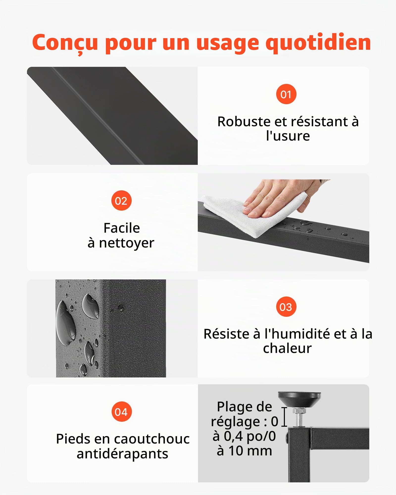 VEVOR Pieds de Table Rectangulaires en T 740x450 mm Lot de 2 Pieds de Bureau en Acier au Carbone, Charge Max. 1000 kg pour Bureau, Table à Manger, Établi, Plan de Travail et Table de Bar, Patins, Noir