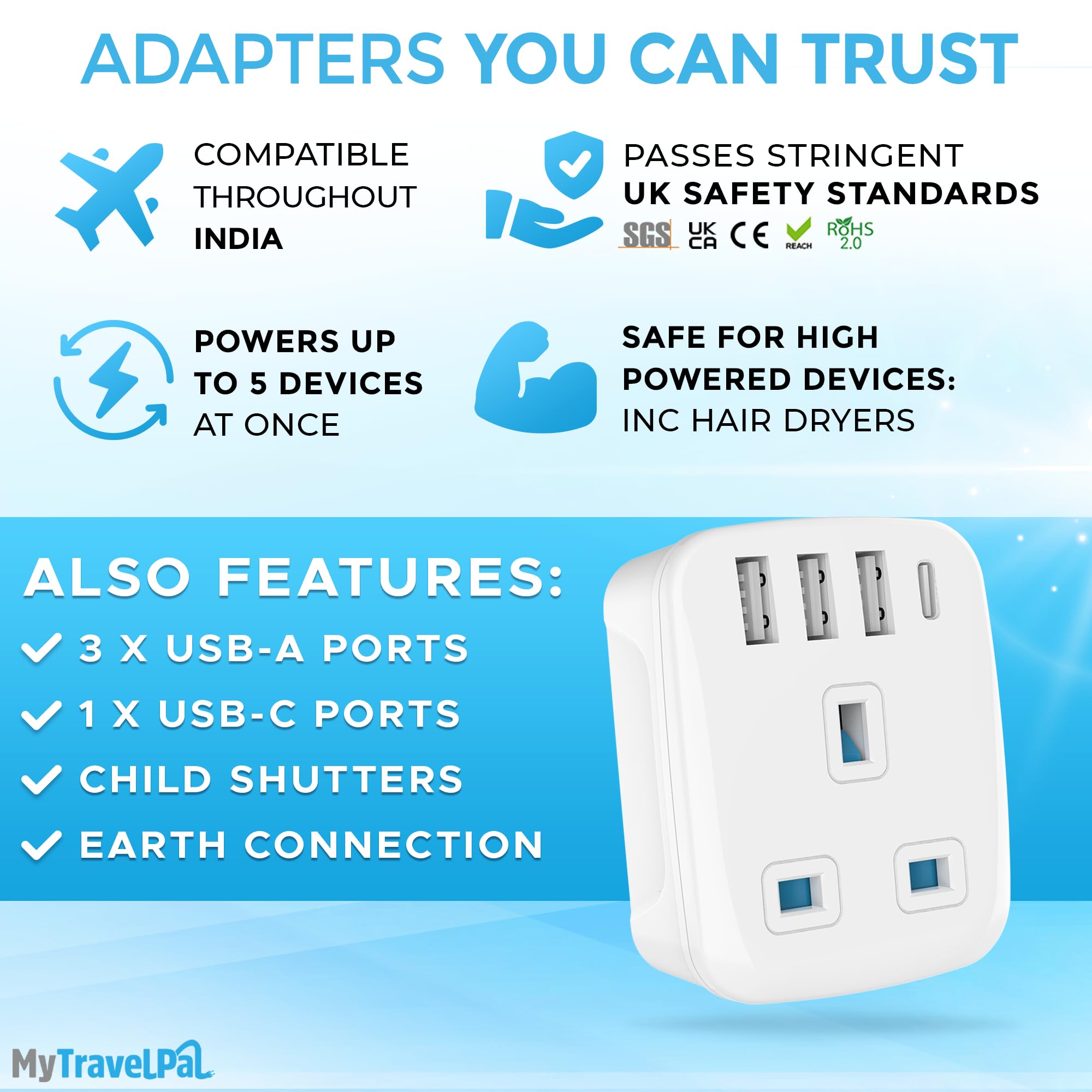 MyTravelPal UK to India Plug Adapter with USB C, White - Image 3