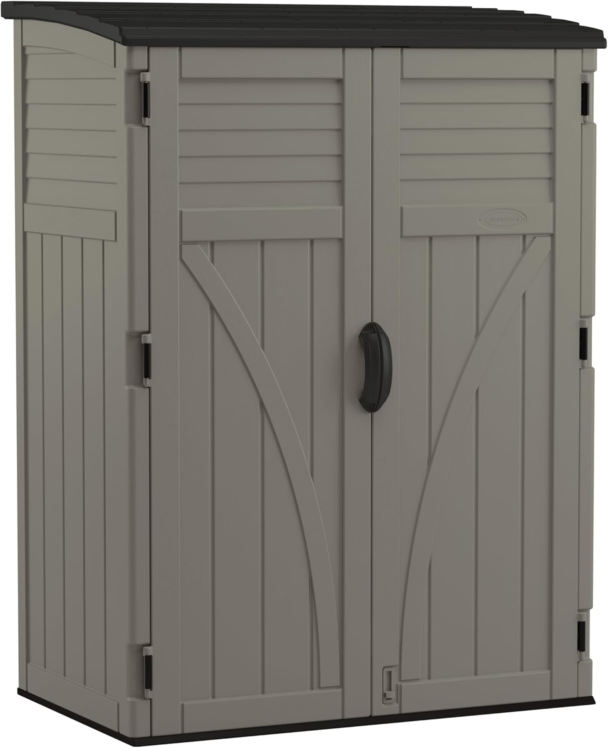Product image of Suncast 54 Cubic Ft. Vertical Resin Outdoor Storage Shed with Lockable Double Doors, Weather-Resistant Multi-Wall Panels, Customizable Shelving, Stoney, Made in the USA