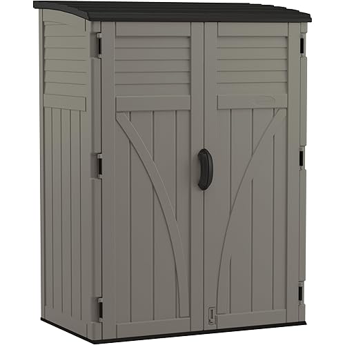Suncast 54 Cubic Ft. Vertical Resin Outdoor Storage Shed with Lockable Double Doors, Weather-Resistant Multi-Wall Panels, Customizable Shelving, Stoney, Made in the USA