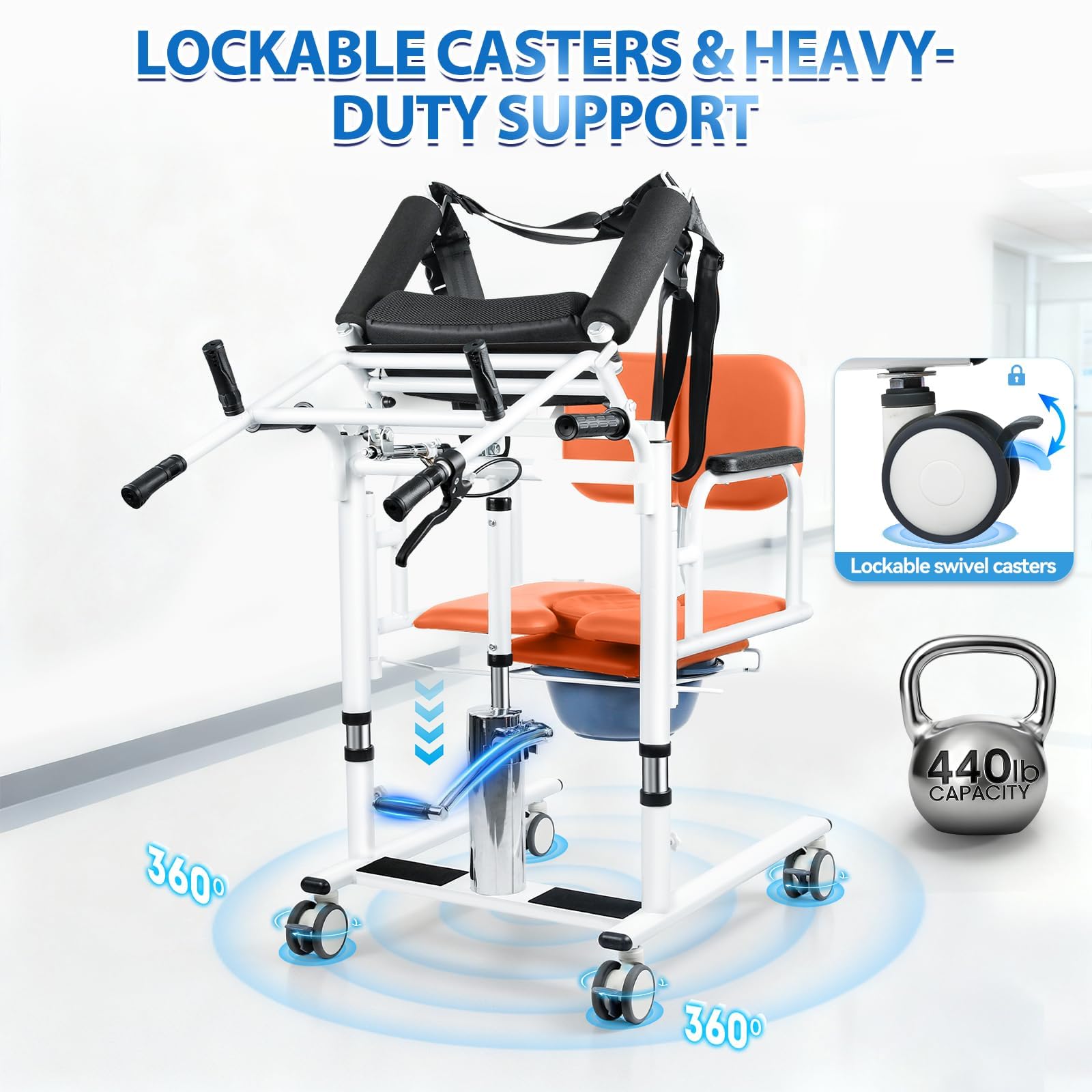Silla Grua de Transferencia para Discapacitados Pacientes | Elevador Hidráulico 200kg, Asiento 180°, Altura 41-65cm, 4 Ruedas con Frenos, Uso en Hogar/Residencia/Hospital